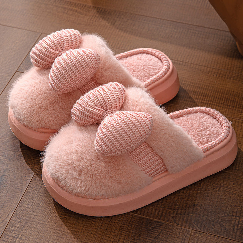 Fur Slippers with Knit Bow for Women