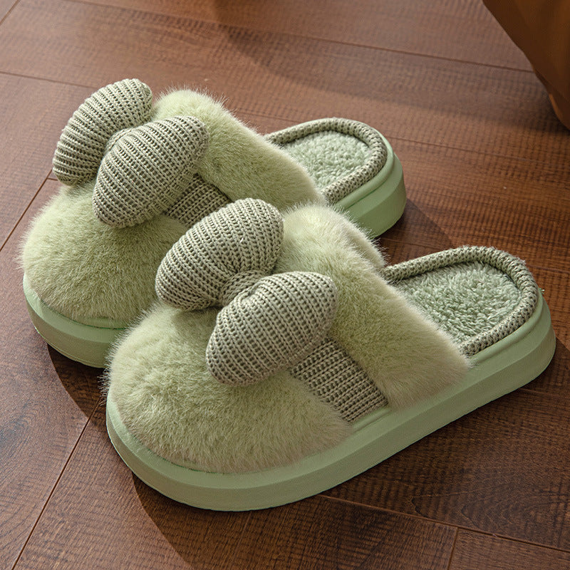 Fur Slippers with Knit Bow for Women