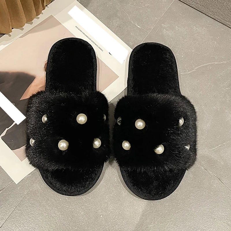 Fur Slippers with Pearls for Women