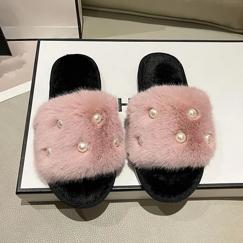 Fur Slippers with Pearls for Women