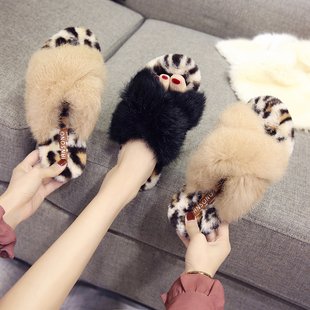 Faux-Fur Leopard Print Criss Cross Slippers for Women