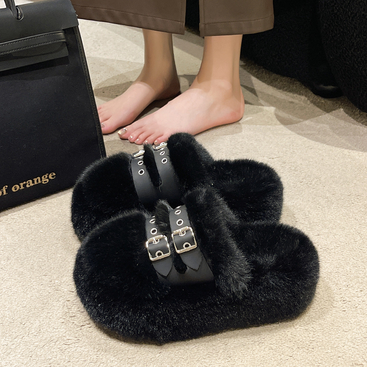 Women's Fur Platform Slippers with Side Buckles