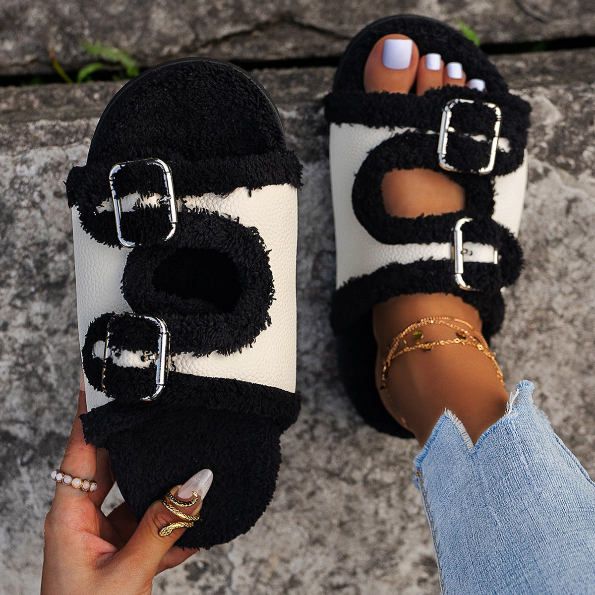 Women's Slide Slippers with Side Buckles