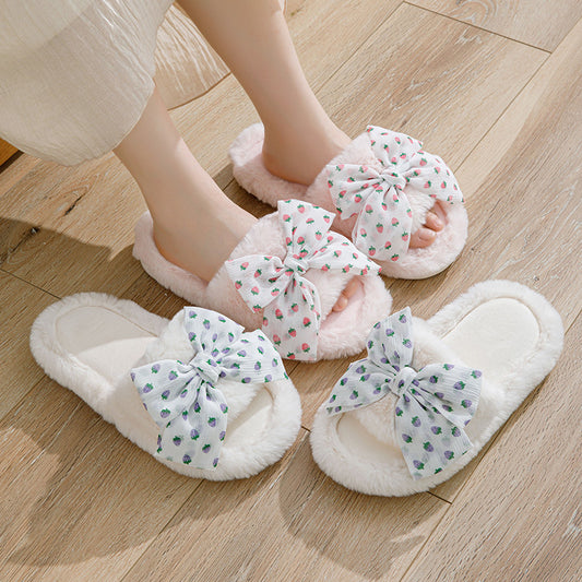 Fur Slippers with Bow for Women