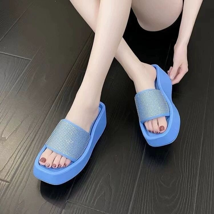 Square Toe Slippers with Rhinestones for Women