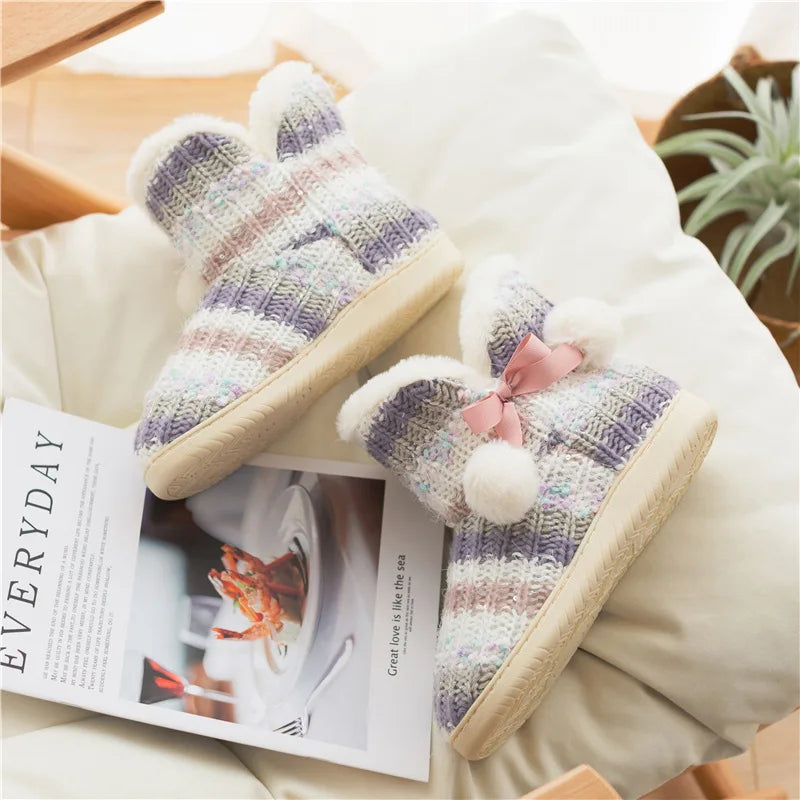 Striped Slipper Boots with PomPoms for Women