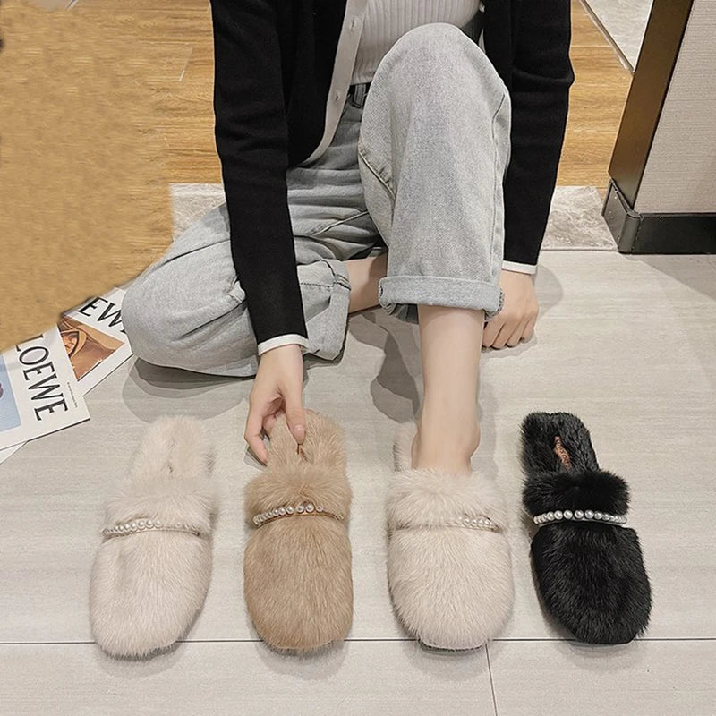 Fur Mule Slippers with Pearls for Women