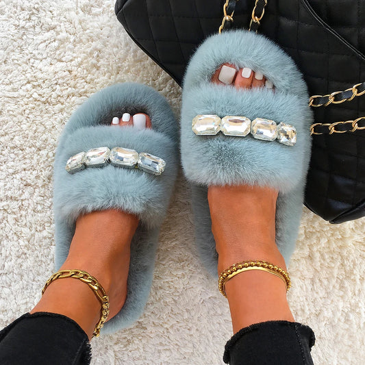 Fur Slippers with Rhinestones for Women