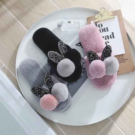 Crystal Rabbit Ear Slippers for Women