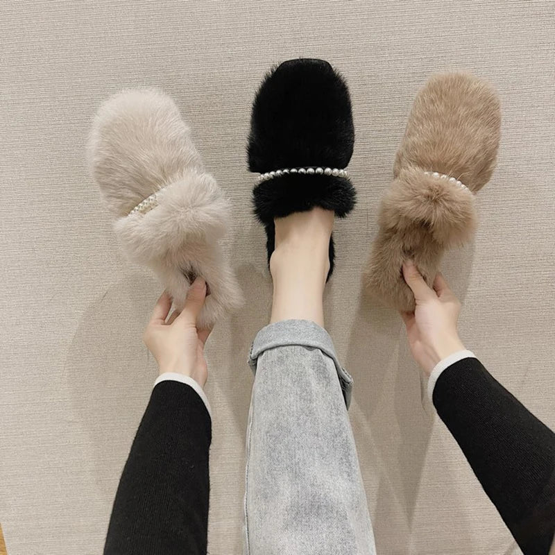 Fur Mule Slippers with Pearls for Women