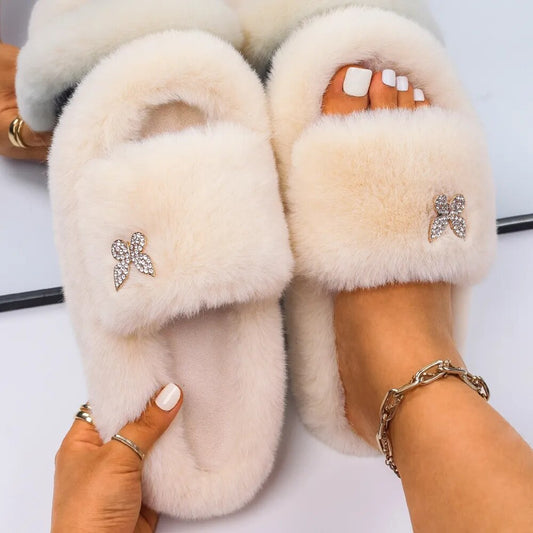 Plush Fur Slippers with a Butterfly for Women