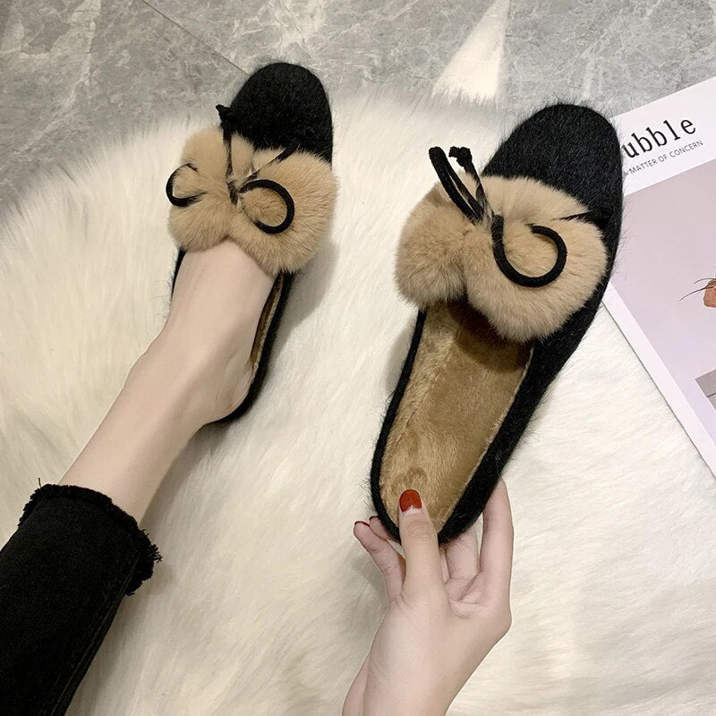 Furry Mule Slippers with a Bow for Women