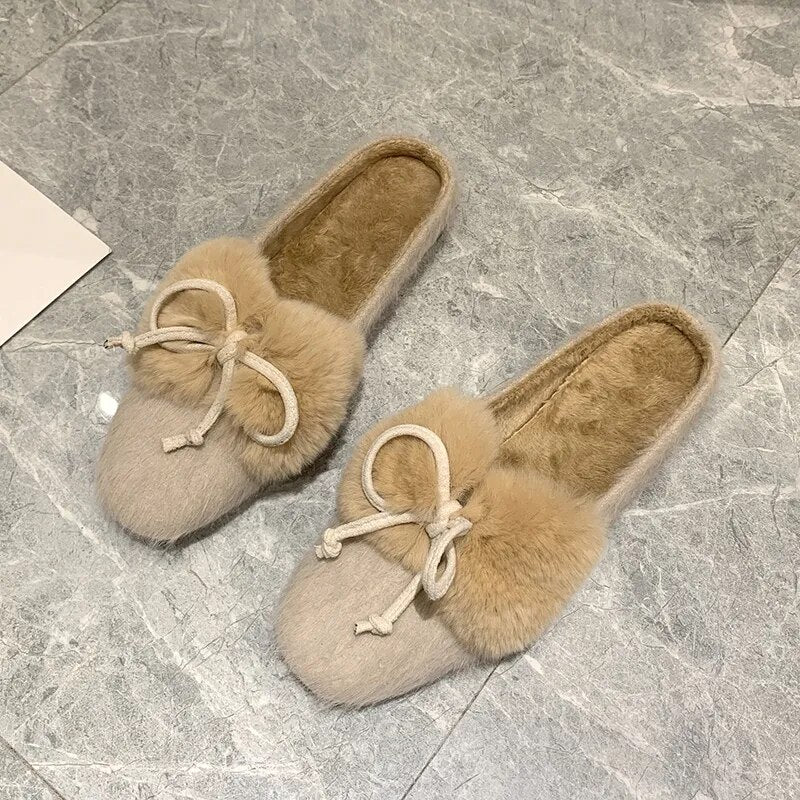 Furry Mule Slippers with a Bow for Women