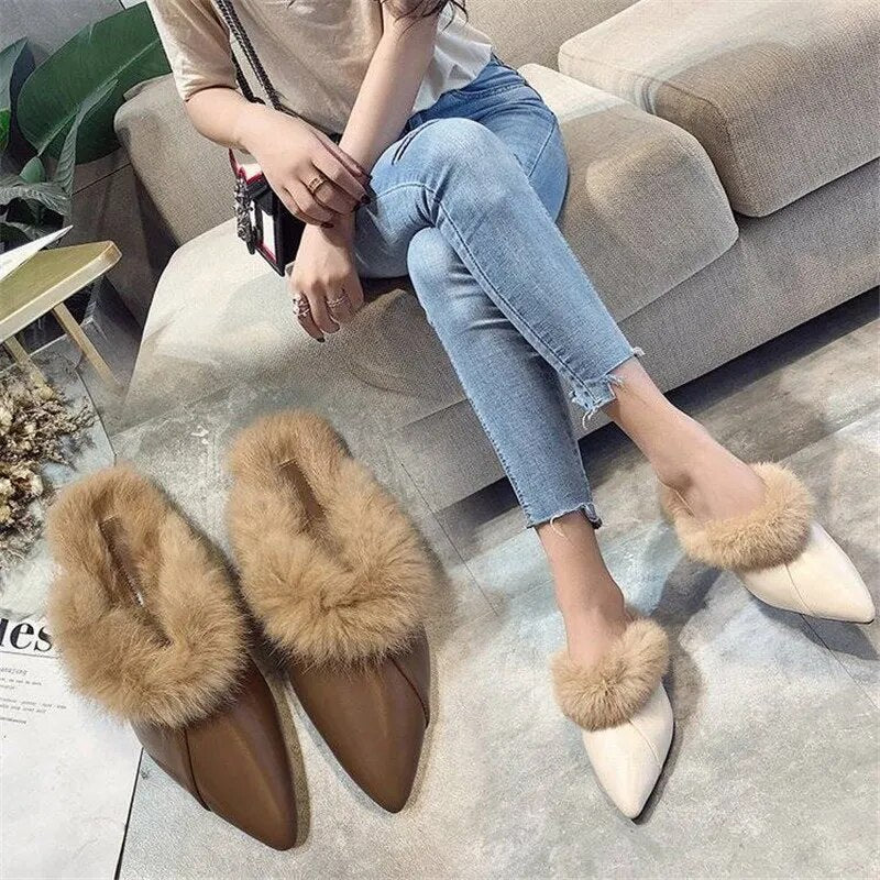 Pointy Toe Furry Mule Slippers for Women
