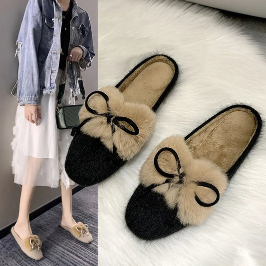 Furry Mule Slippers with a Bow for Women