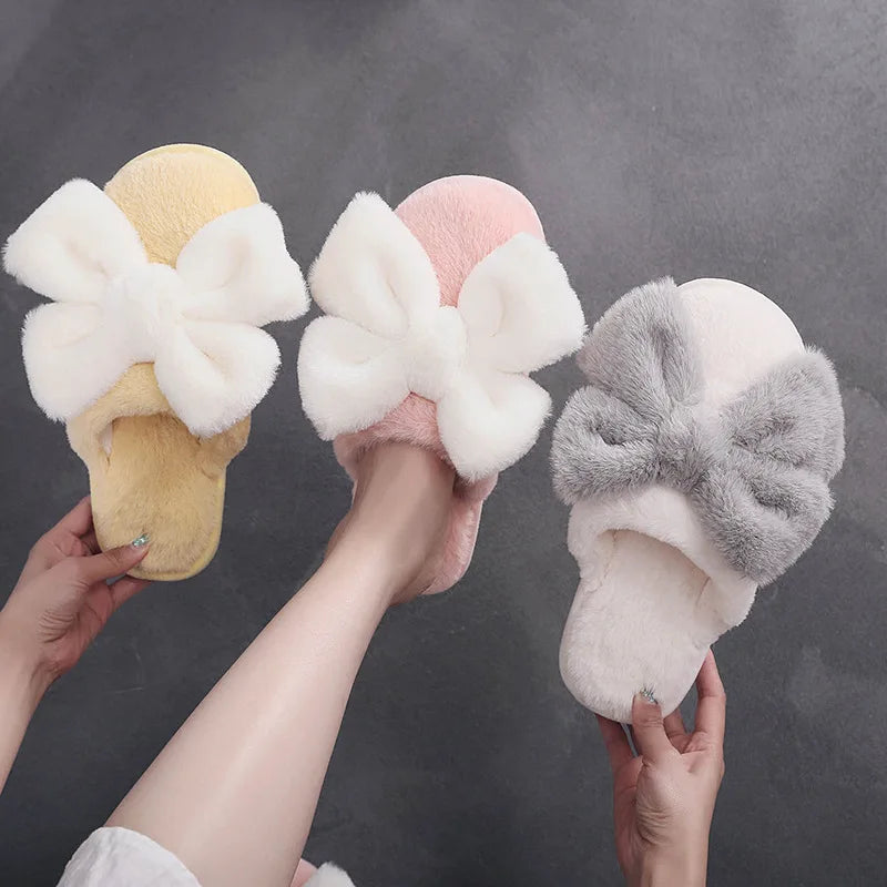 Fur Bow Slippers for Women