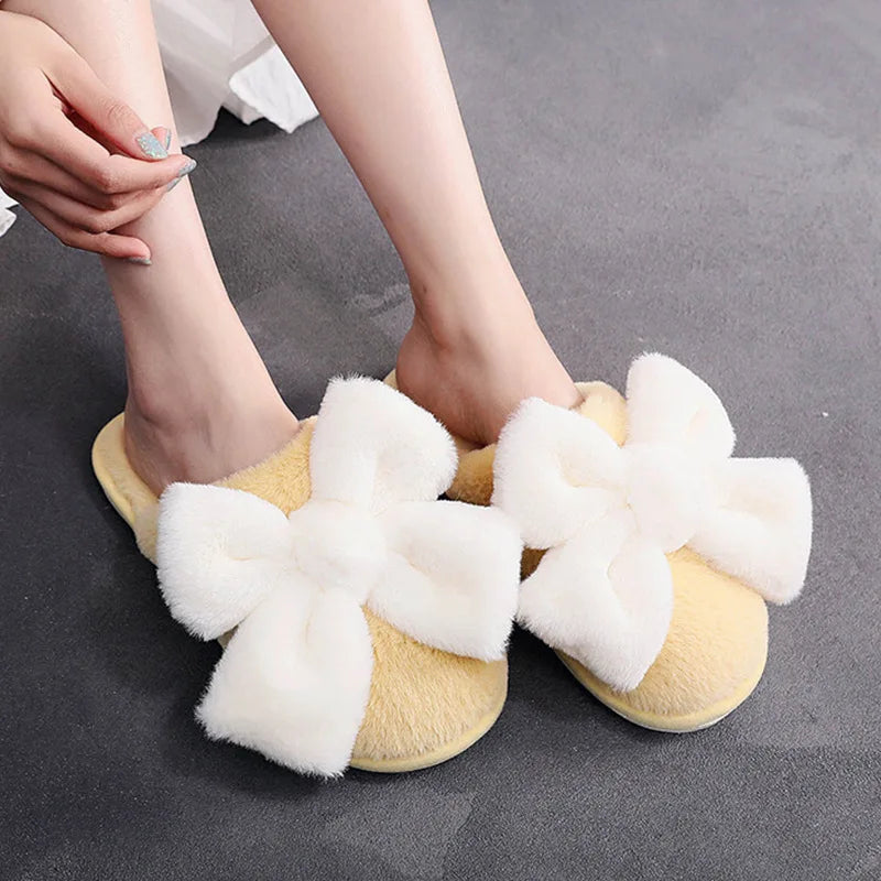 Fur Bow Slippers for Women