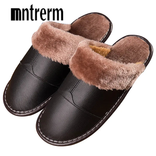 Leather Slippers with Fur Lining for Men