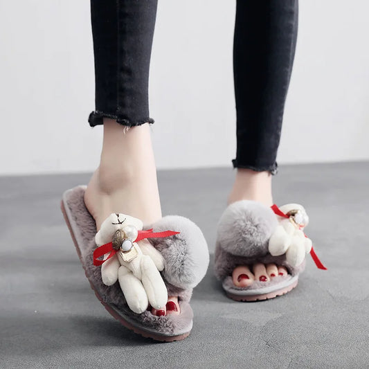 Fur Slipper with Teddy Bear for Women