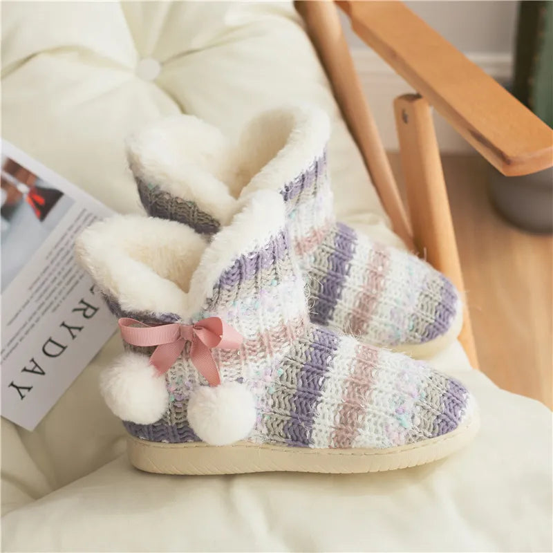 Striped Slipper Boots with PomPoms for Women