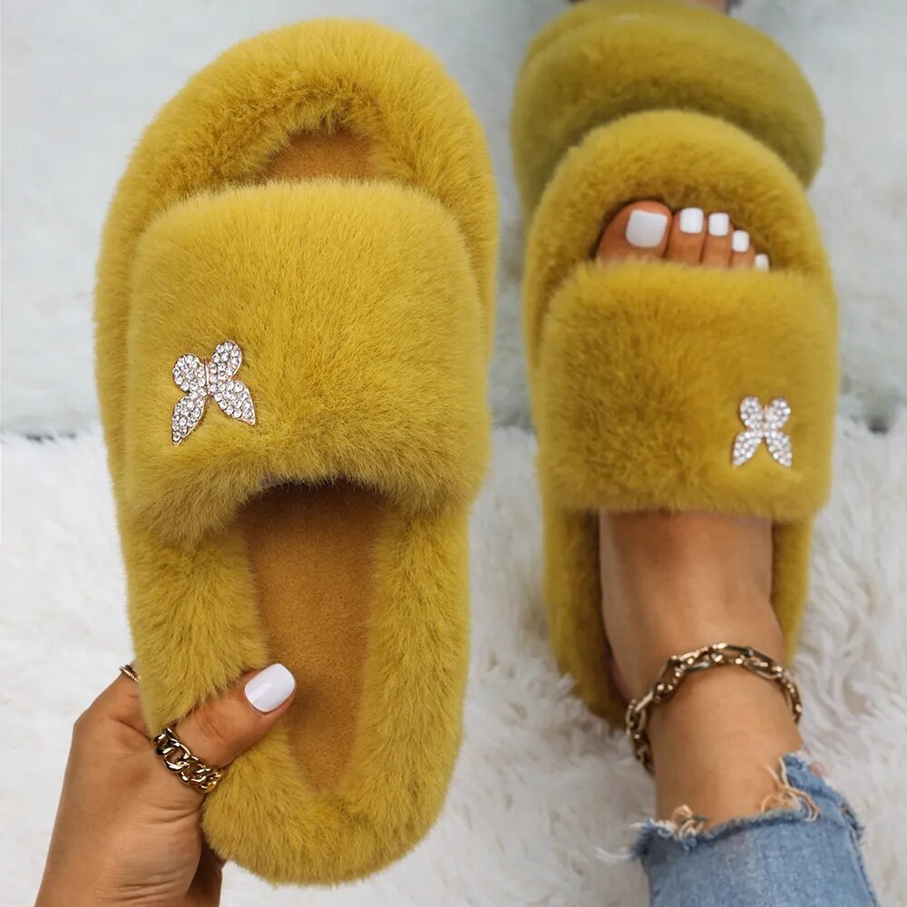 Plush Fur Slippers with a Butterfly for Women