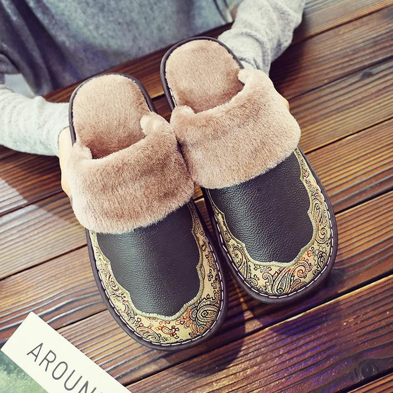 Men's Leather Slippers with Plush Lining