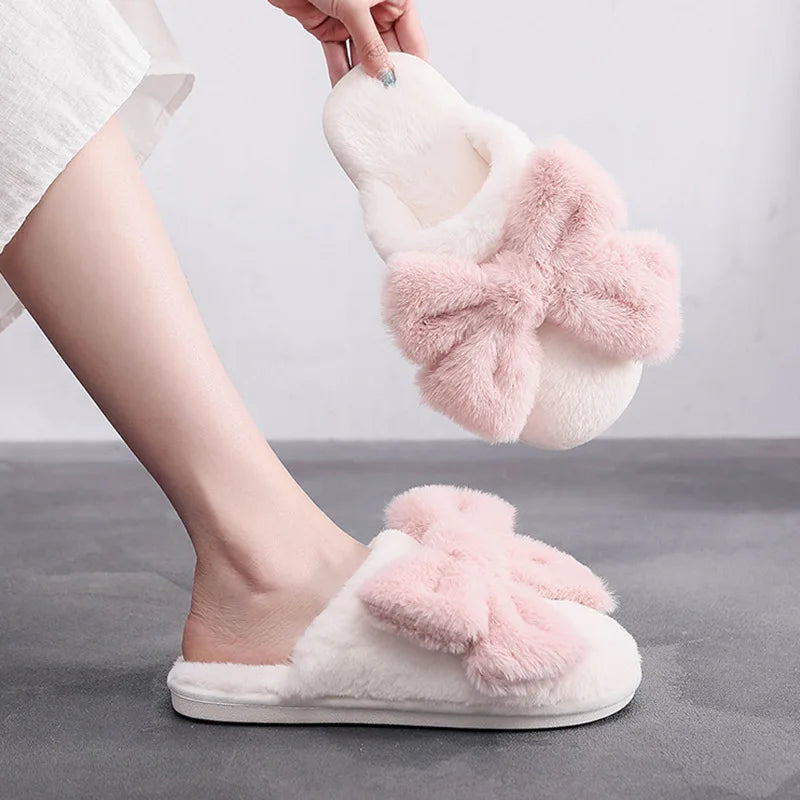 Fur Bow Slippers for Women