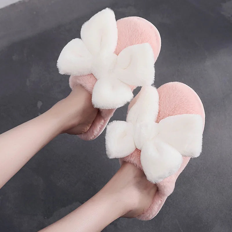 Fur Bow Slippers for Women