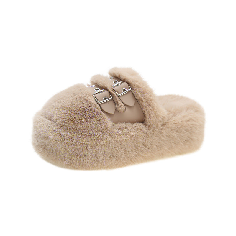 Women's Fur Platform Slippers with Side Buckles