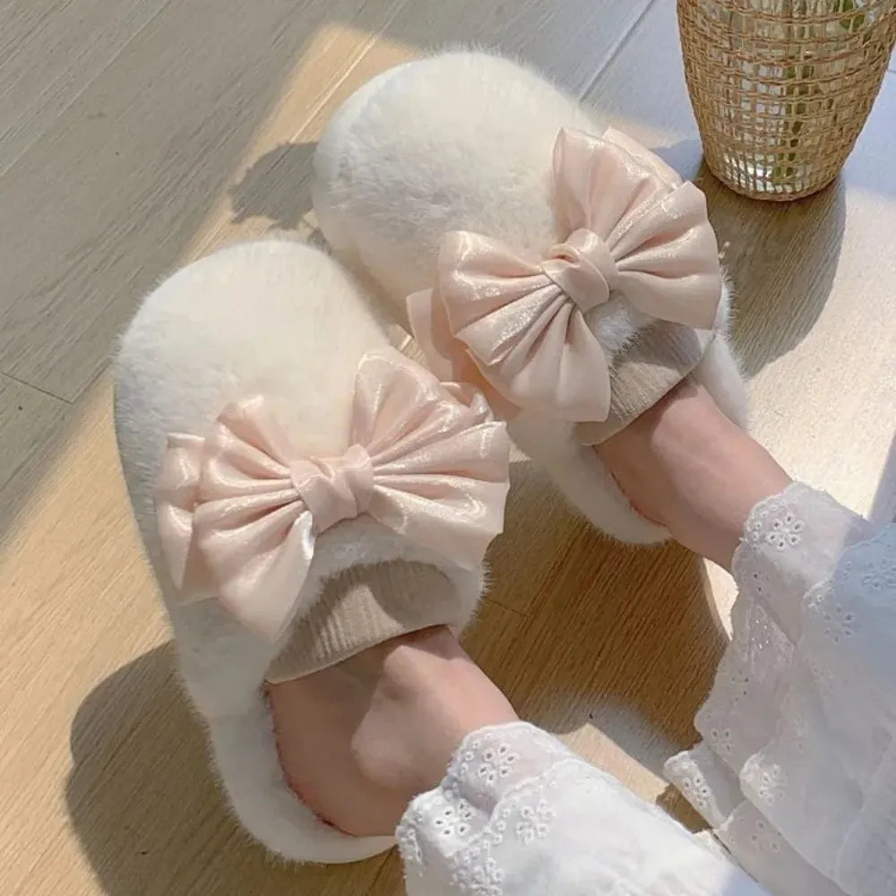 Women's Fur Slippers with Large Silky Bow