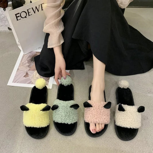 Lambswool Slippers with Ears for Women