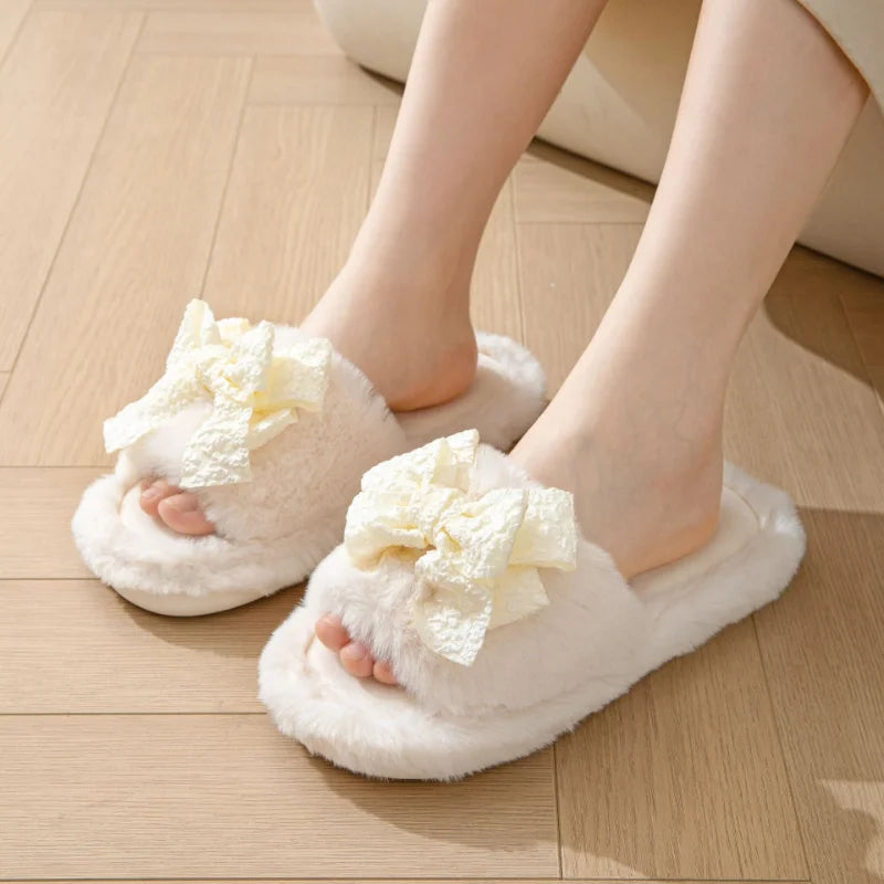 Fur Slippers with Bow for Women