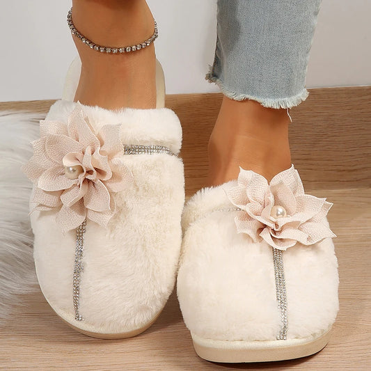 Fur Slippers with Flower and Rhinestones for Women