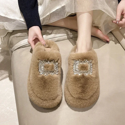 Women's Fur Mule Slippers with Rhinestone Buckle