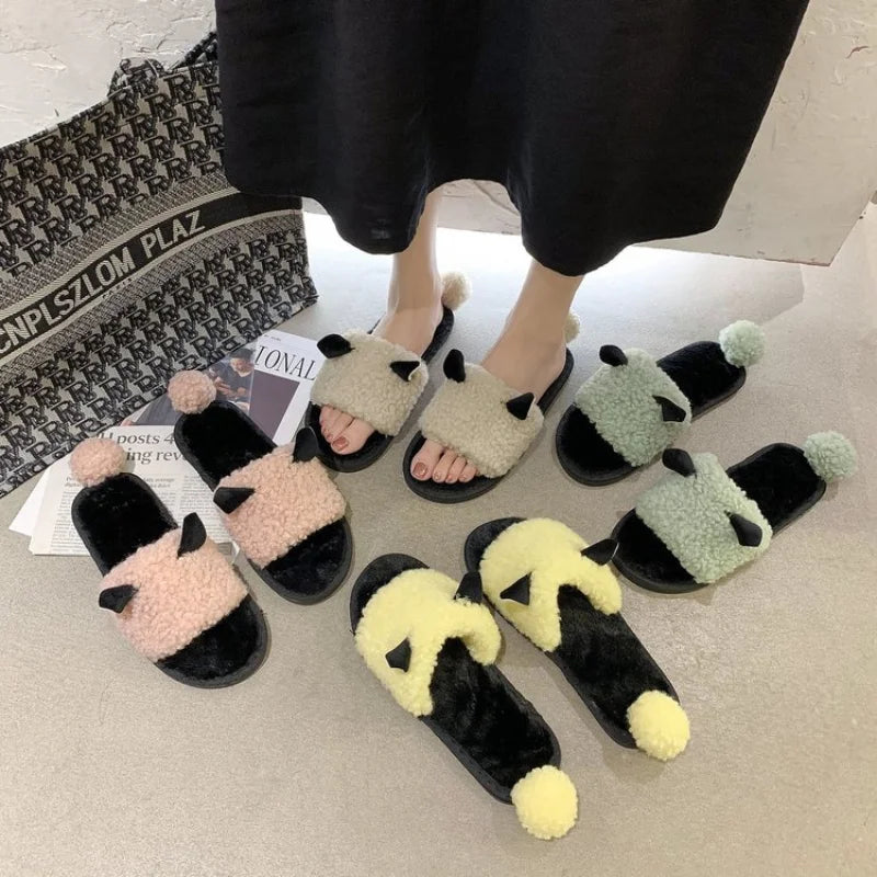 Lambswool Slippers with Ears for Women