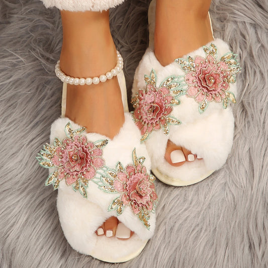 Criss Cross Slippers with Embroidered Roses for Women