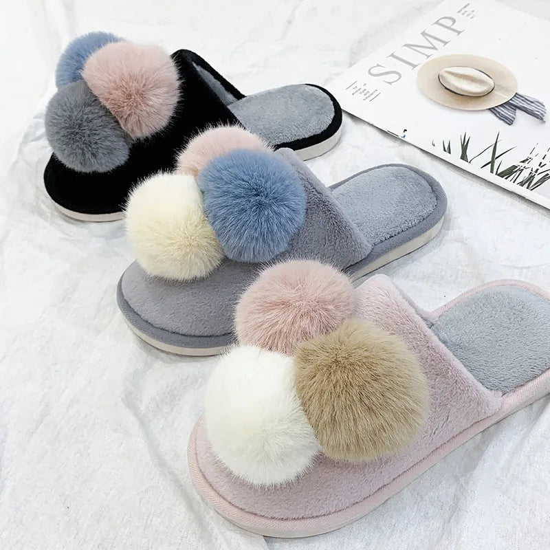 Mule Slippers with Multi-Color PomPoms for Women