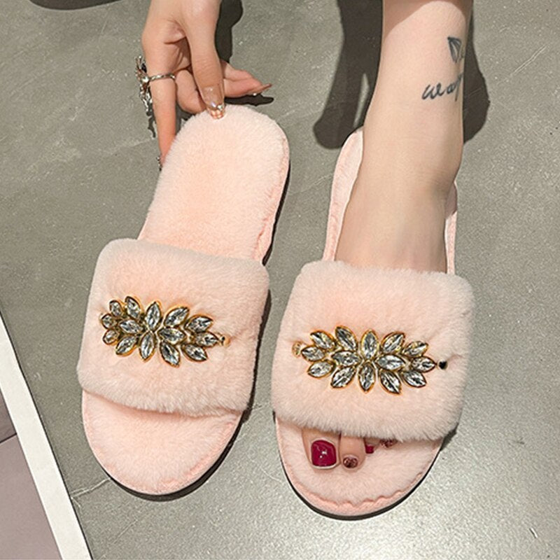 Women's Slippers with Crystal Flower Design - Slippers Galore