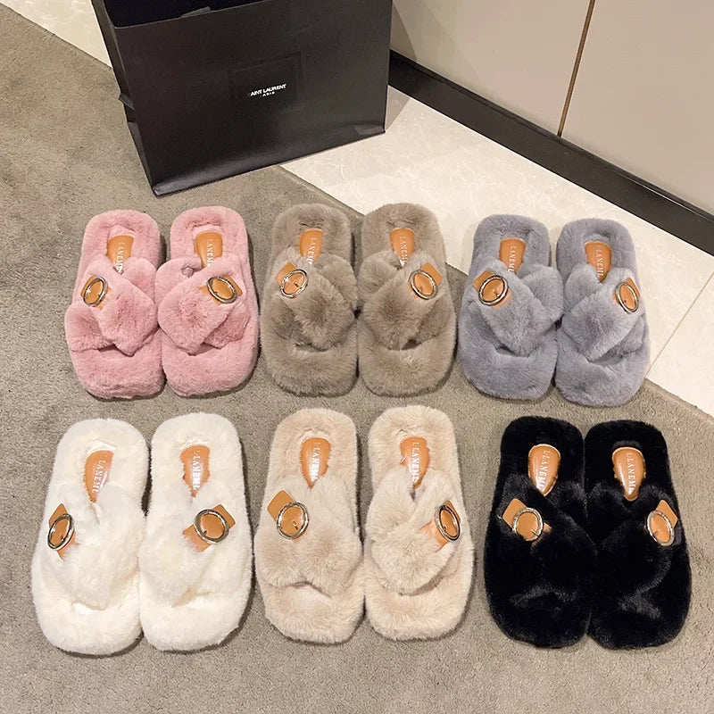 Women's Fashion Criss Cross Fur Slippers