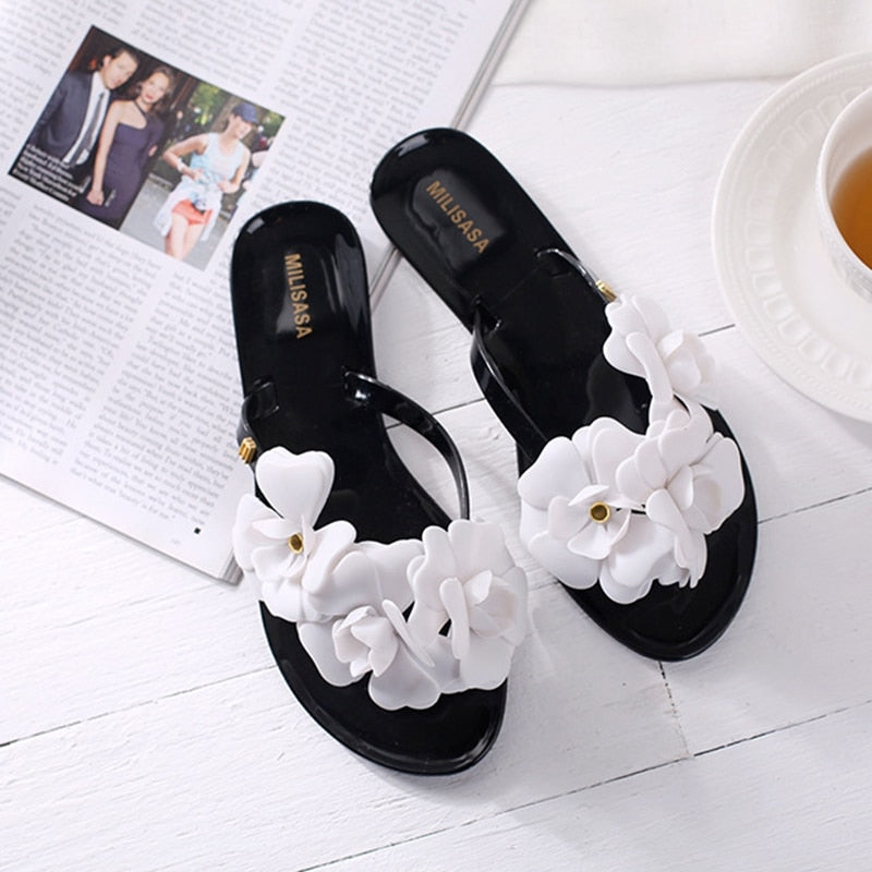 Camellia Jelly Slippers with Flowers for Women - Slippers Galore