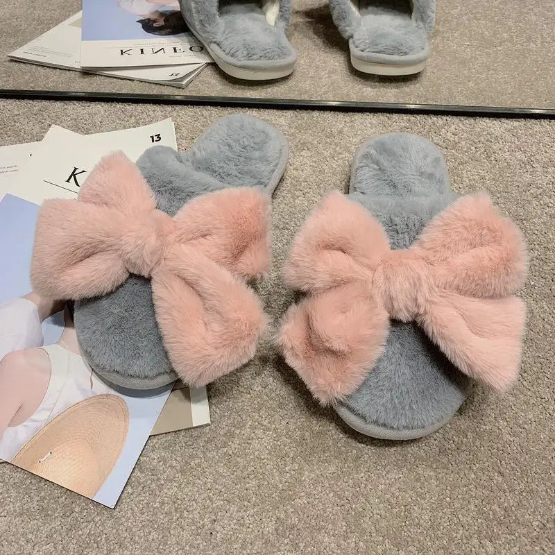 Mule Slippers with Plush Bow for Women