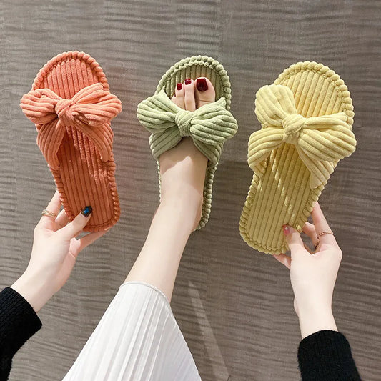 Corduory Women's Slippers with Bowtie