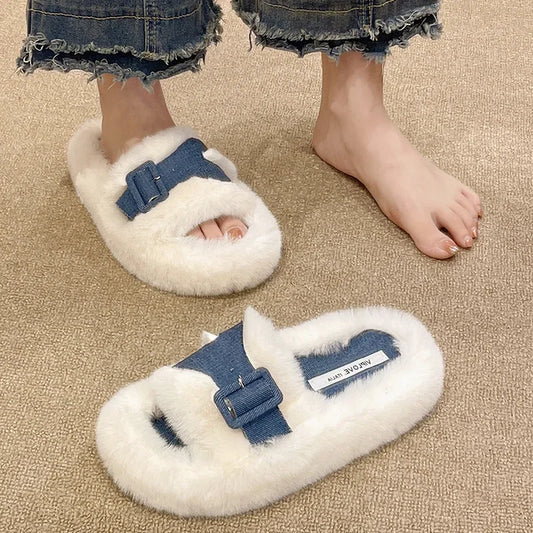 Women's Fuzzy Slippers with Buckle