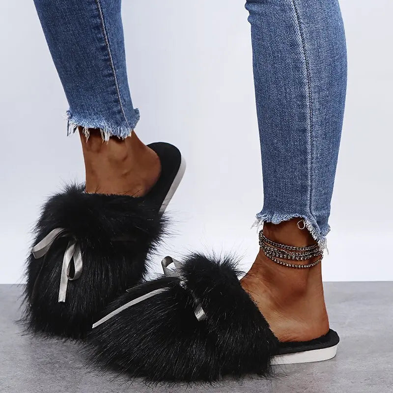 Fur Slippers with Satin Bow for Women