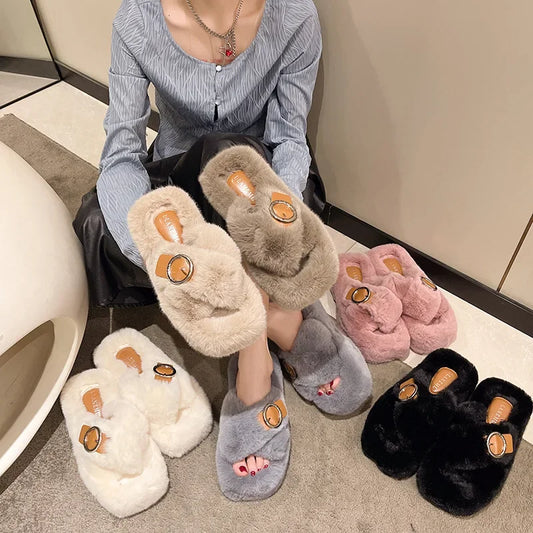 Women's Fashion Criss Cross Fur Slippers