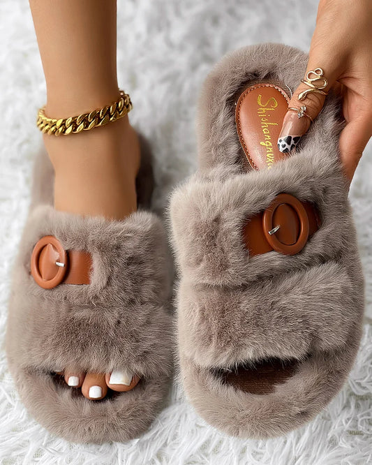 Women's Fur Slipper Slides with Buckle