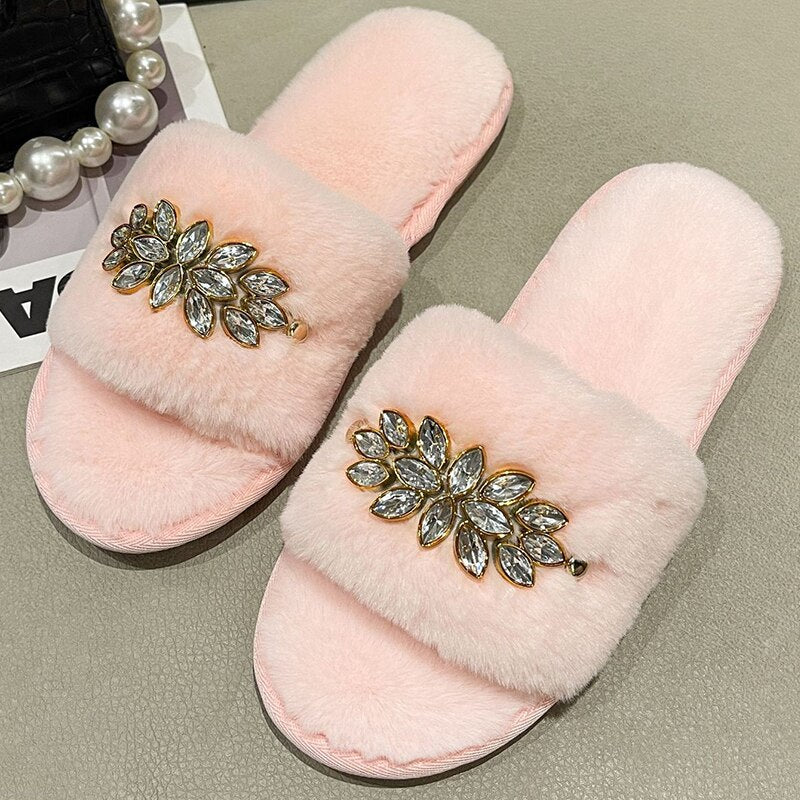 Women's Slippers with Crystal Flower Design - Slippers Galore