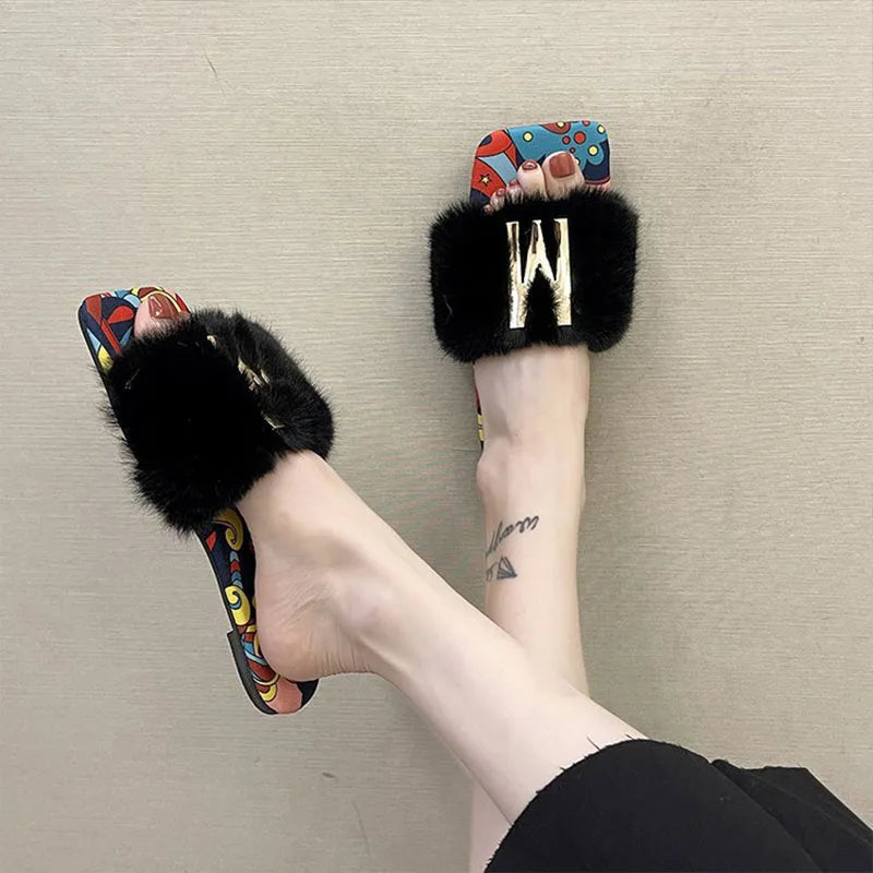 Fur Slide Slippers with a Monogram for Woman
