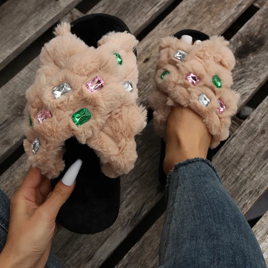 Women's Plush Crisscorss Slippers with Gem Stones