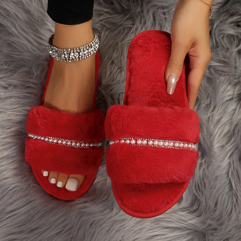 Women's Fur Slippers with Pearls and Rhinestones